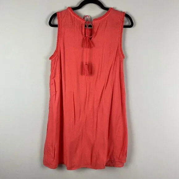 Tommy Bahama Sleeveless Dress Size Small Coral Raw Edge Tassel Crinkle Rayon - Picture 6 of 10
